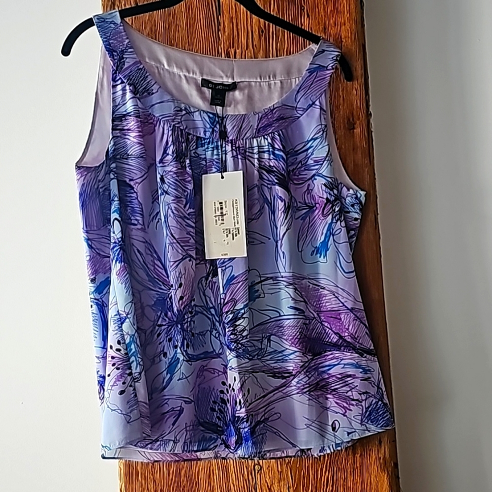 NWT ST JOHN silk sleeveless blouse tank purple blue floral sz 12 vintange